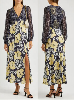 RIXO Melanie Long-Sleeve Silk A-Line Midi Dress Umbrella Floral Navy Mixed XXL